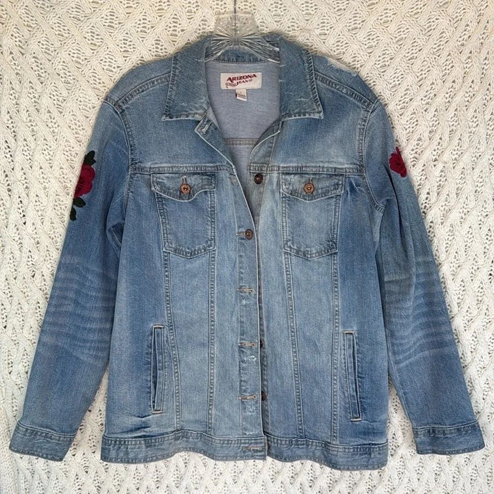 Arizona Jean Women's Size L Denim Jacket Embroidered Roses 90s Grunge ALT E-Girl